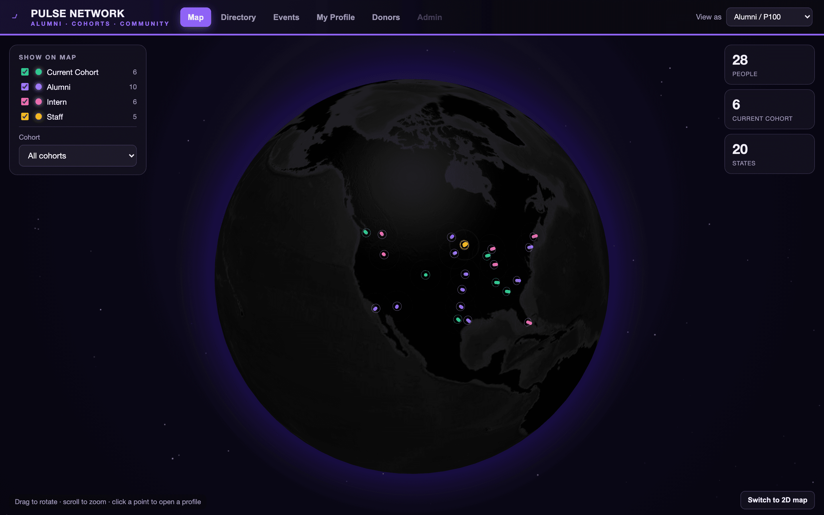 The Pulse Network portal demo: a 3D globe with cohort, alumni, intern, and staff pins across the United States